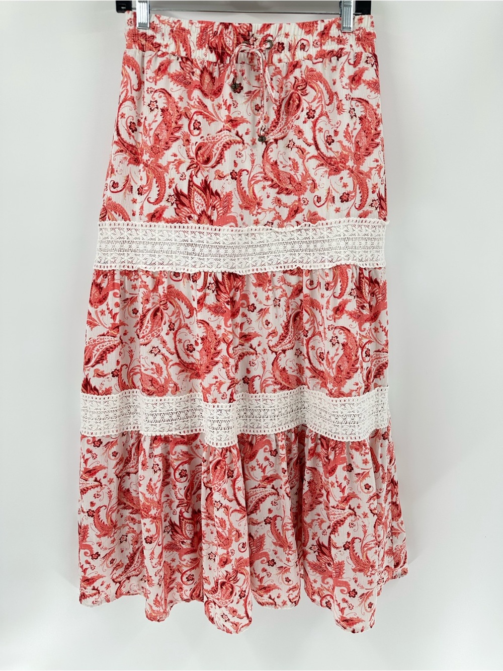 Frye Red Paisley Tiered Midi Skirt with Cream Crochet Trim Western Festival